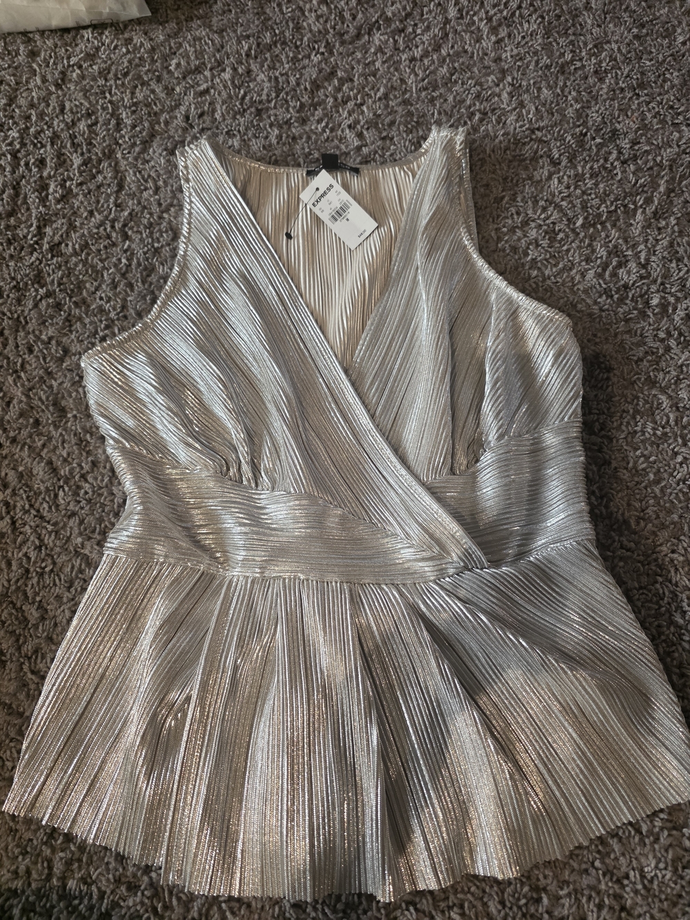 Express Silver Pleated V-Neck Metallic Peplum Top